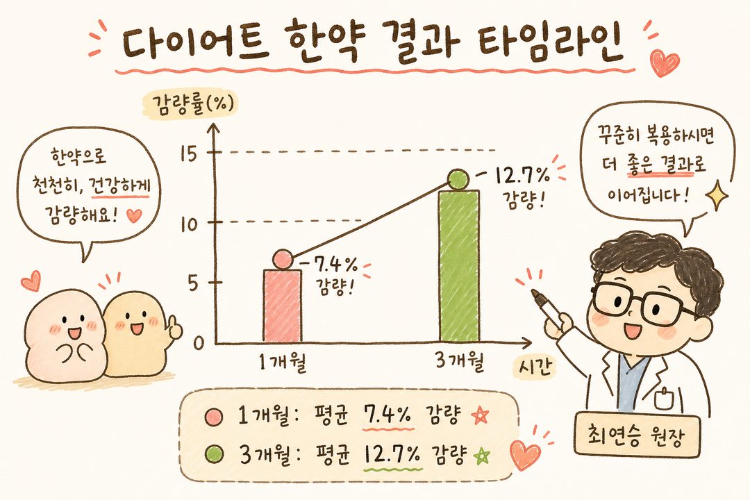 시간 경과(1개월, 3개월)에 따른 체중 감량률 변화를 단순한 막대 또는 선 그래프로 표현, 1개월 7.4% vs 3개월 12.7% 데이터를 시각적으로 비교한 타임라인 차트