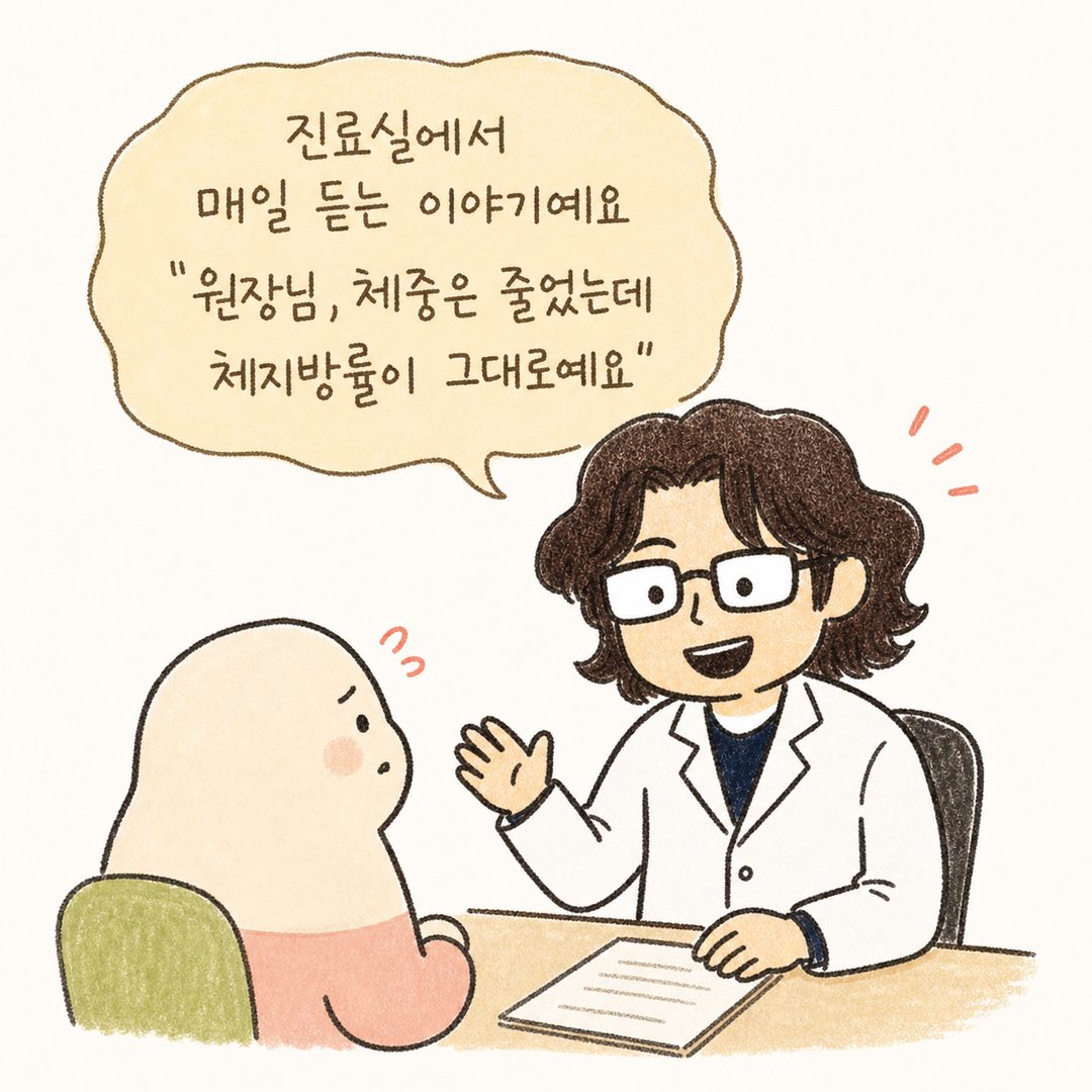身穿白袍的韓醫師角色與患者諮商,表情溫暖且感同身受,對話框顯示診間經驗談