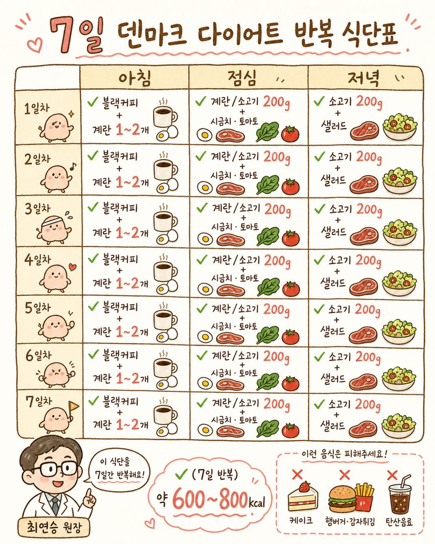 7-day Denmark diet comparison chart (breakfast/lunch/dinner in 3 columns). Visualizes the repeating weekly pattern with calorie counts for each menu item.