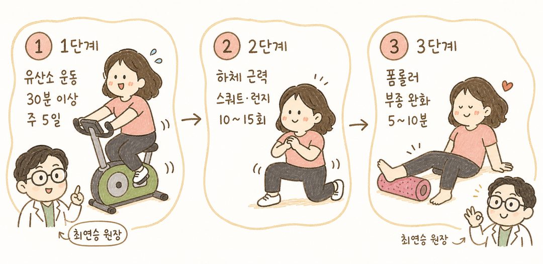 女性キャラクターが運動の3段階を順次遂行する様子:矢印でつながれた3つのステージ - 1段階(キャラクターが早歩きや自転車)、2段階(スクワット・ランジの姿勢)、3段階(フォームローラーで脚をほぐす)