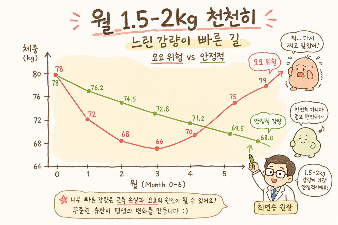 Line graph showing weight loss trends — Red line (rapid loss followed by rapid yo-yo) vs Green line (stable loss of 1.5-2kg/month), x-axis (Month 0-6), y-axis (Weight)