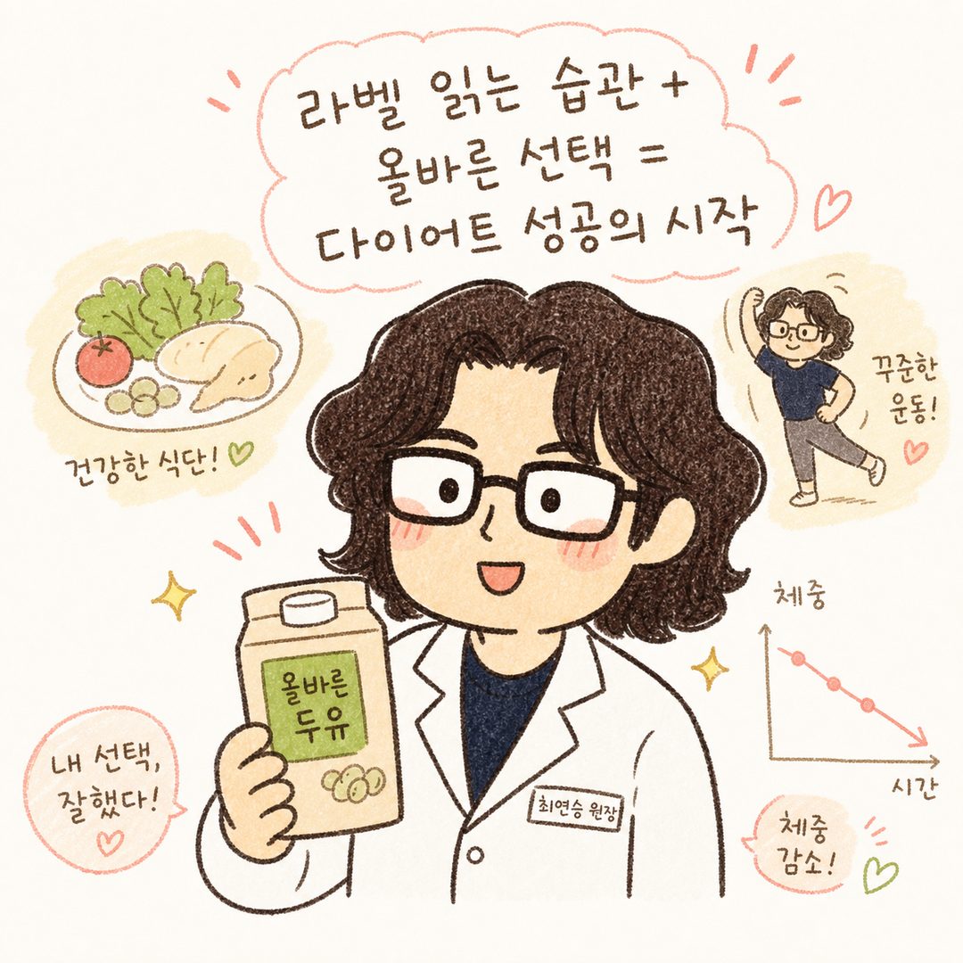 正しい豆乳を選択したキャラクターが満足げで健康そうな表情で豆乳を持って笑っているシーン。背景には健康的な食事、運動する姿、体重減少グラフなどが柔らかく表現されている。