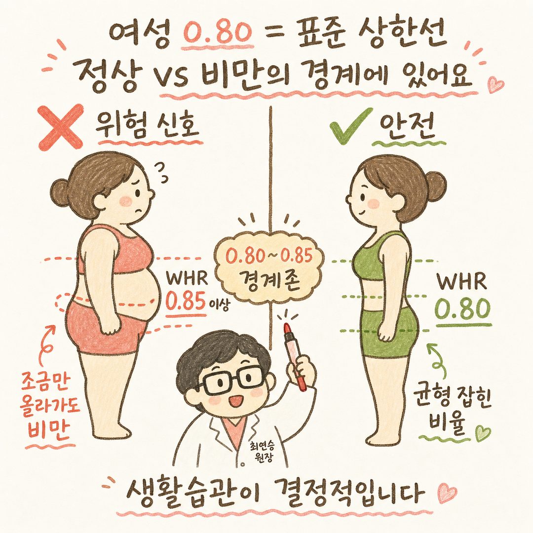 좌측 ❌(위험 신호) 여성 WHR 0.85 이상: 복부가 눈에 띄게 나온 여성 실루엣, 주황/빨강색 강조. 우측 ✅(안전) 여성 WHR 0.80: 허리와 엉덩이 비율이 균형잡힌 여