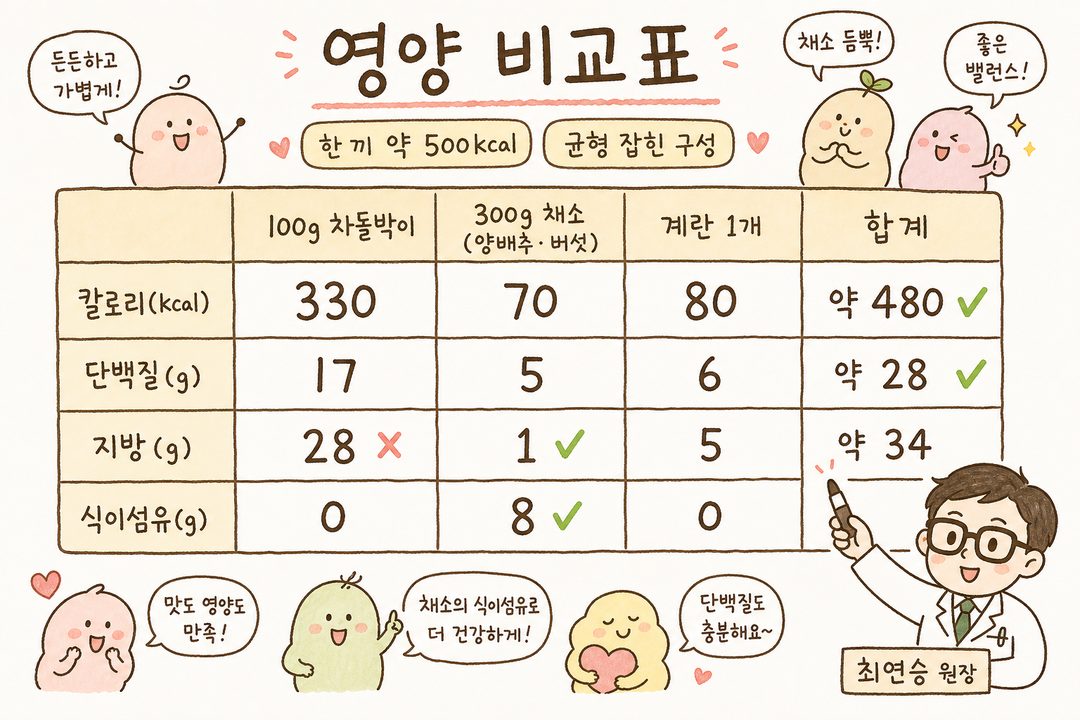 차돌박이 채소찜 한 끼의 영양 정보 비교표. 가로축에는 '100g 차돌박이', '300g 채소(양배추·버섯)', '계란 1개' 항목이 있고, 세로축에는 '칼로리(kcal)', '단