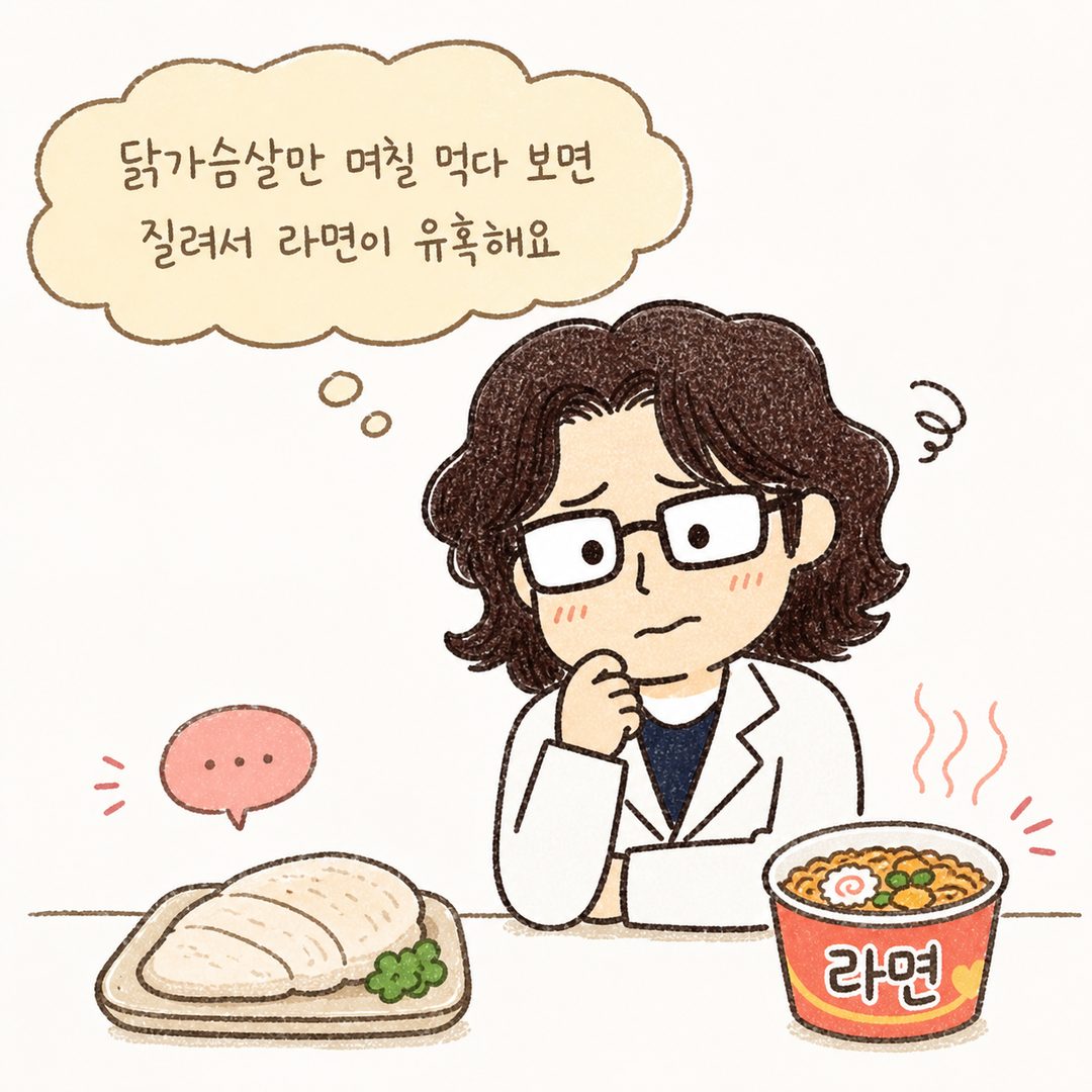 下定決心減重的角色站在雞胸肉前露出苦惱的表情。對話框表現出讀者能產生共鳴的煩惱表情與感受到誘惑的場景。