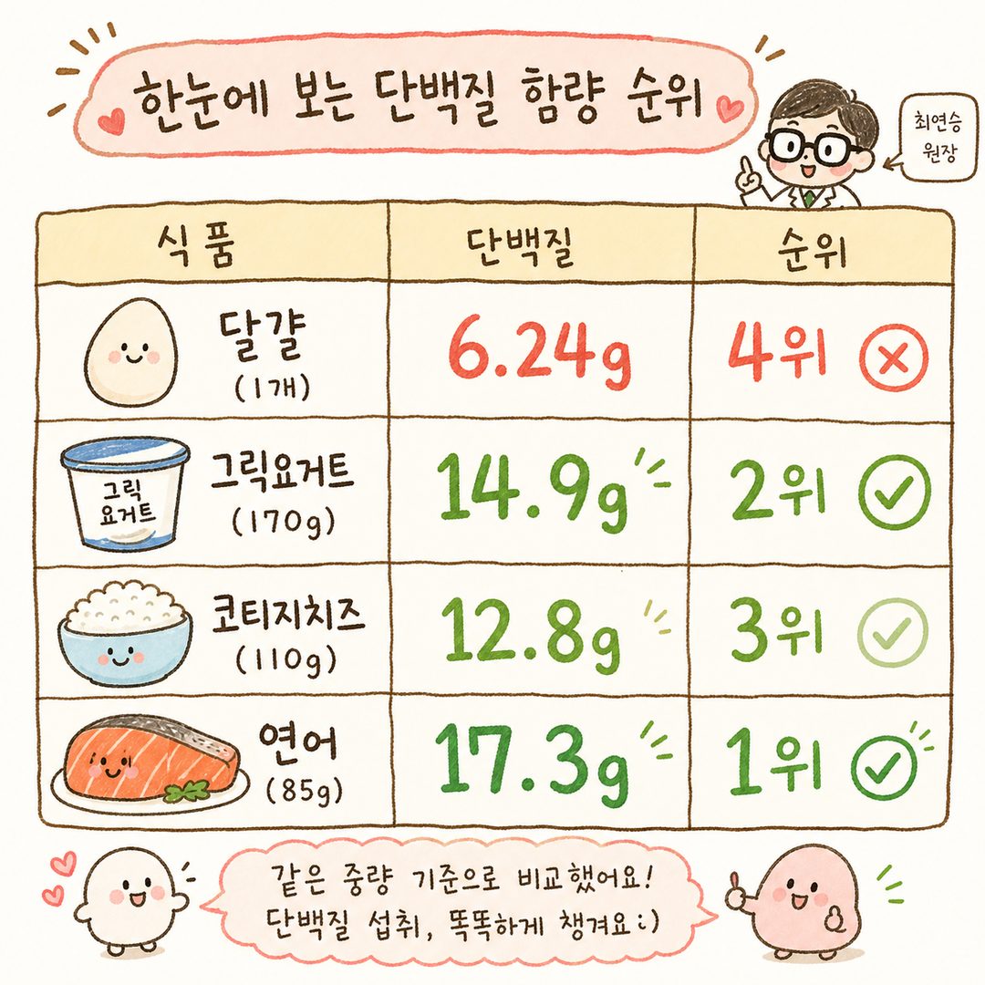 주요 단백질 식품 4가지(달걀, 그릭 요거트, 코티지 치즈, 연어)의 단백질 함량을 비교하는 막대그래프 또는 테이블. 각 식품 아이콘과 함께 숫자를 명확히 표시. 한눈에 보는 단백