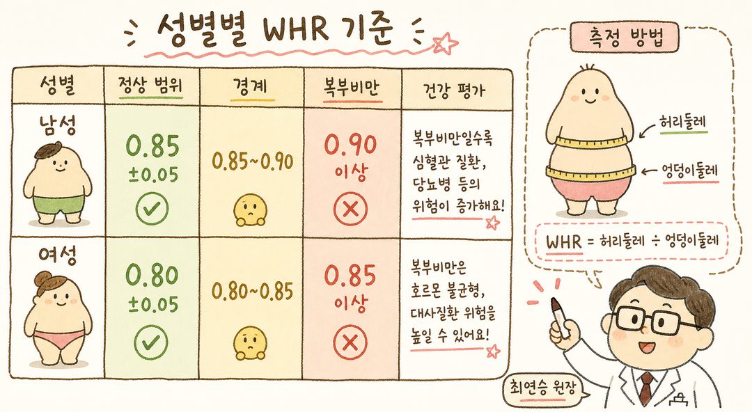Comparison table showing WHR (Waist-Hip Ratio) standards for men and women. Normal range, abdominal obesity criteria, and health assessments for each section are color-coded from green (normal) to yellow (borderline) to red (obese).