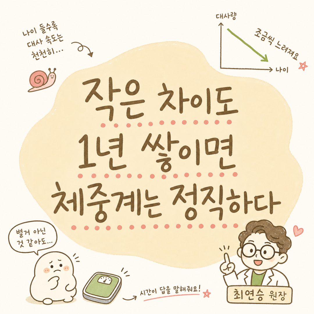 굵은 글씨의 핵심 메시지를 중앙에 배치하고 배경에 연한 색상 강조 박스. 텍스트 기반으로 시각적 임팩트 있게 표현. 나이가 들며 대사량 저하의 자연스러운 흐름을 강조