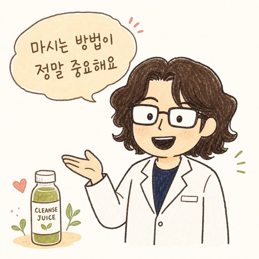 흰 가운의 한의사 캐릭터가 손을 펴 설명하는 포즈, 옆에 클렌즈주스 병, 따뜻한 톤으로 신뢰감 있는 도입