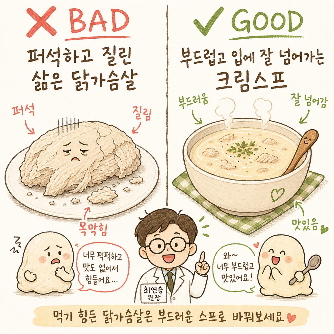 좌측에는 퍼석하고 질려 있는 삶은 닭가슴살(❌), 우측에는 크림스프로 변신한 부드럽고 맛있어 보이는 요리(✅)를 시각적으로 대비시킨 비포/애프터 비교 다이어그램