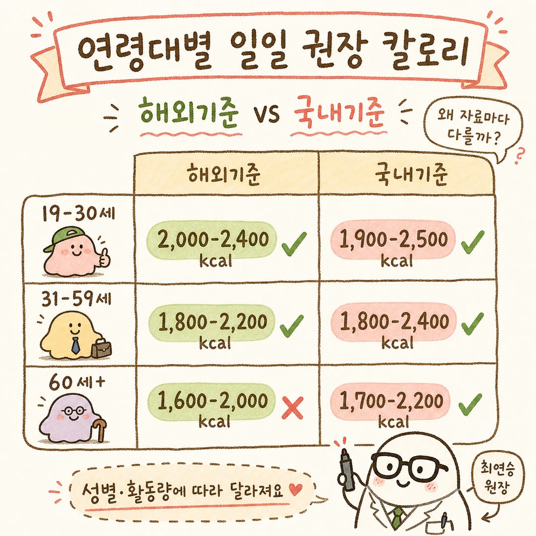 3행(연령대: 19-30세/31-59세/60세+) × 2열(해외기준/국내기준) 비교표. 칼로리 범위를 색상으로 구분하여 표시. 같은 조건의 서로 다른 권장치를 시각적으로 비교