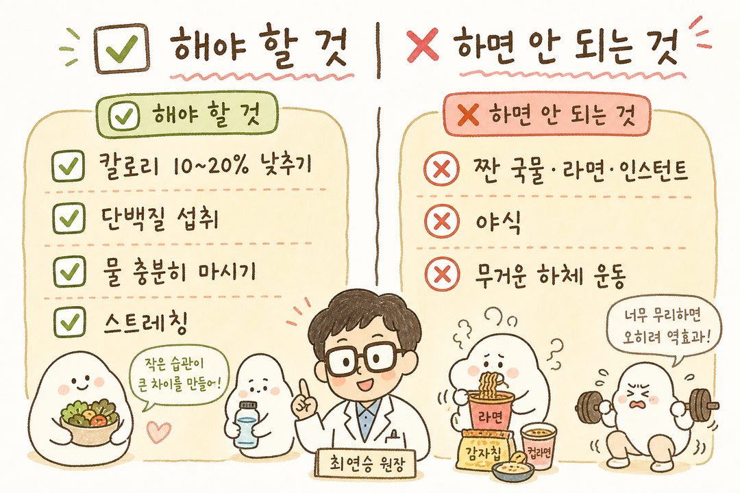 do's and don'ts 체크리스트. 좌측(✅ 해야 할 것): 칼로리 감소, 단백질 챙기기, 물 충분히, 스트레칭. 우측(✗ 하면 안 되는 것): 짠 국물·라면, 야식, 과도한