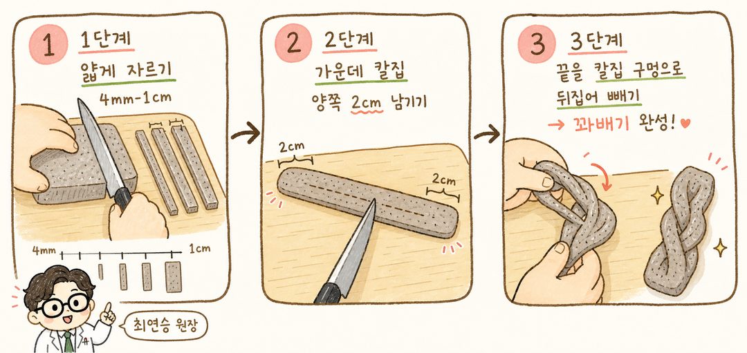 곤약 꽈배기 만드는 3단계 시퀀스. 1단계: 곤약을 4mm-1cm 두께로 길게 자르는 손의 모습과 칼. 2단계: 자른 곤약의 가운데에 세로 칼집을 넣는 모습 (양쪽 끝 2cm 남김