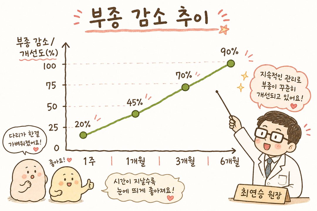 꺾은선 차트로 3~6개월 진행 과정 시각화. Y축은 부종 정도 감소/개선도(%), X축은 시간(1주/1개월/3개월/6개월). 우측 위로 향하는 긍정적 추이로 점진적 개선을 명확히