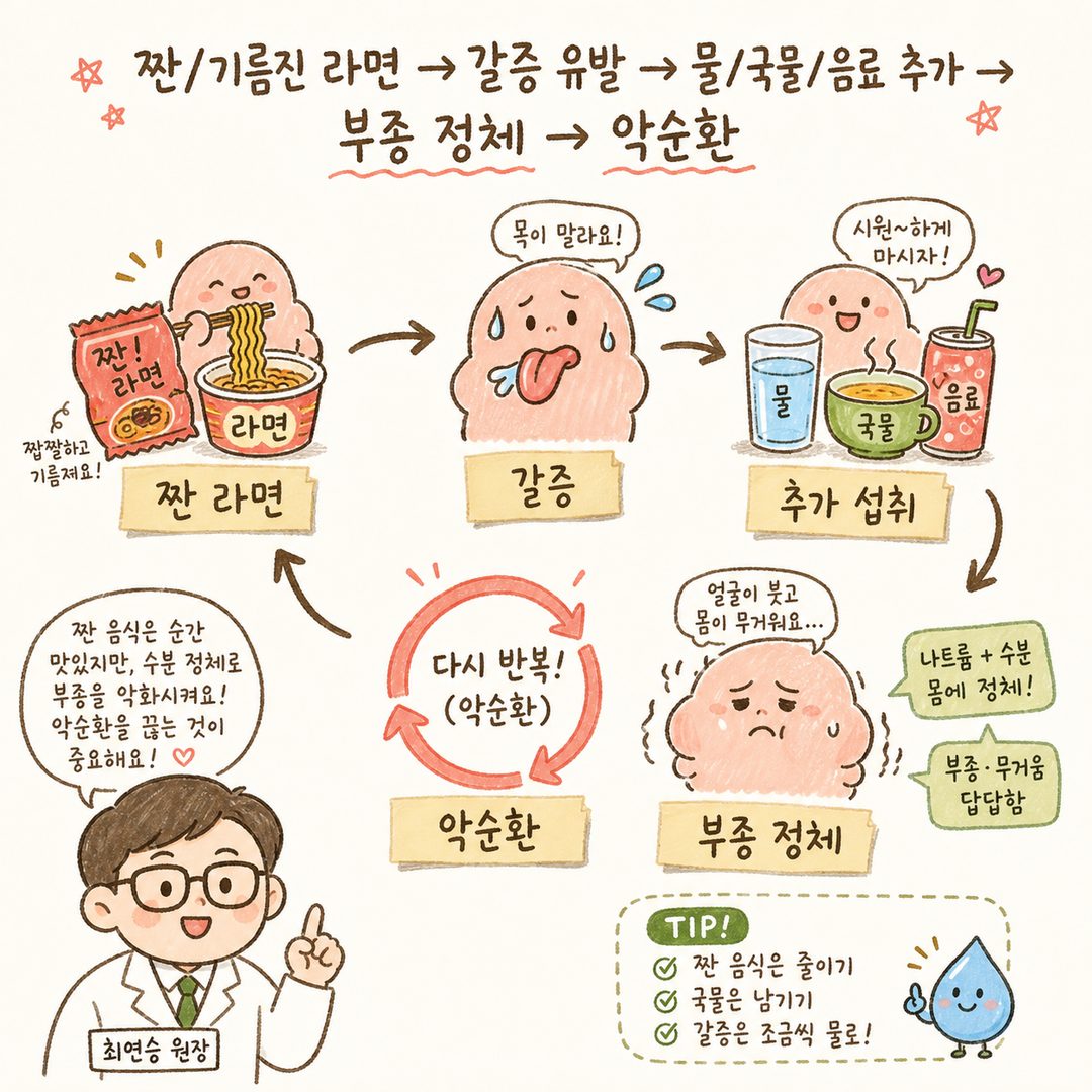 짠 기름진 라면땅 → 갈증 유발 → 물·음료 추가 섭취 → 부종·부음 심화 → 악순환의 사이클을 화살표와 라벨로 표현한 플로우 다이어그램. 각 단계마다 아이콘(라면 그릇, 물잔, 