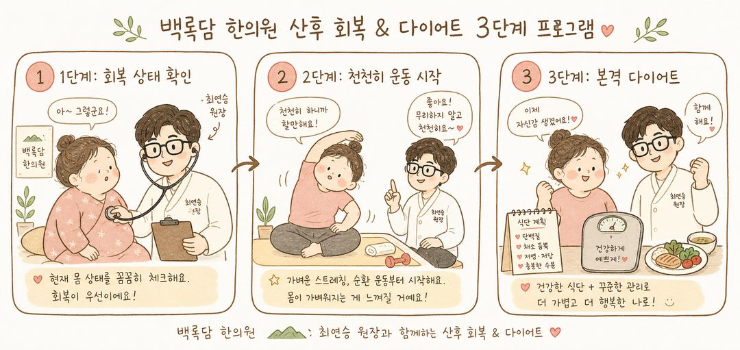 백록담 한의원 의사가 산모에게 손가락으로 회복 단계를 설명하는 따뜻한 상담 장면. 또는 3단계 시퀀스 (1단계: 진료 확인 → 2단계: 가벼운 운동 → 3단계: 본격 다이어트)를 