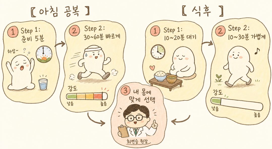 3단계 걷기 다이어트 진행 시퀀스 — 왼쪽부터 오른쪽으로 진행하는 화살표 방향. 단계별로 캐릭터(사람)의 움직임과 표정이 변하는 모습 표현: ①초보자(천천히, 짧은 시간, 힘들어하