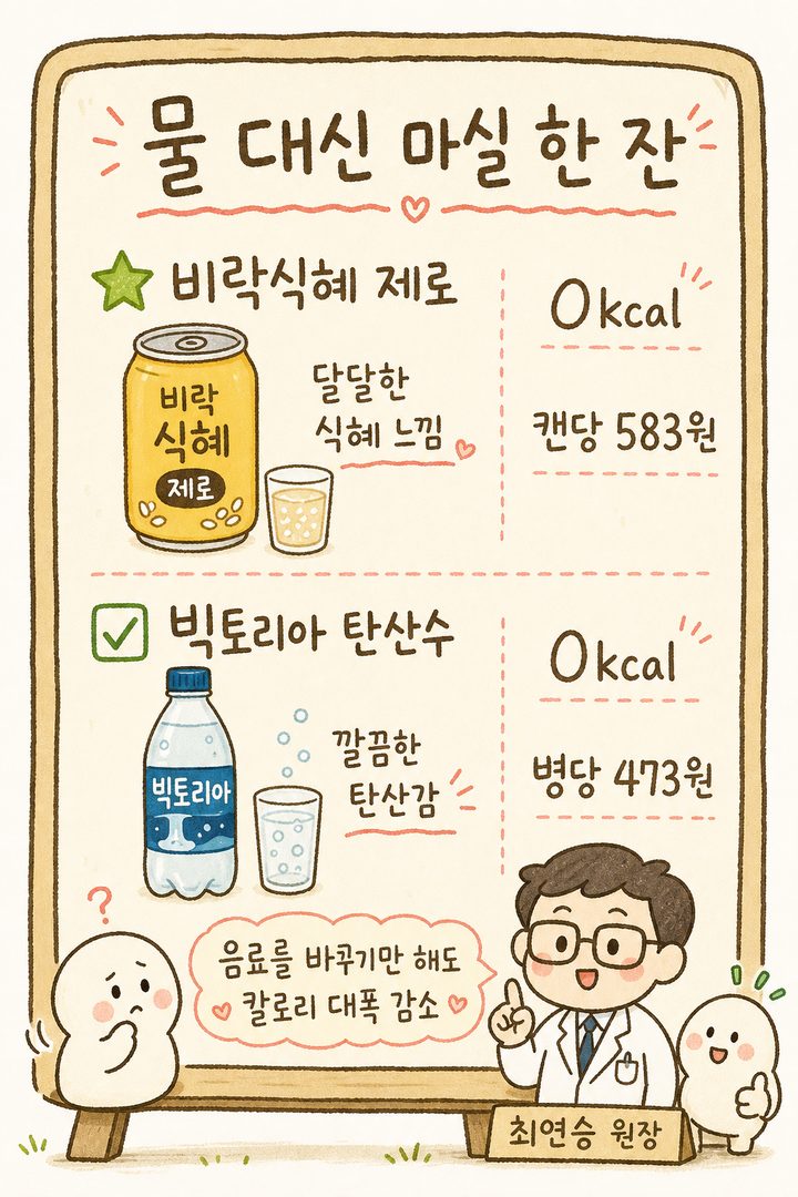 A beverage comparison guide in a cafe menu style. On the left, zero-calorie drinks (Vilac Sikhye Zero, Victoria Sparkling Water) are displayed with product names, volume, calories, price, and features.