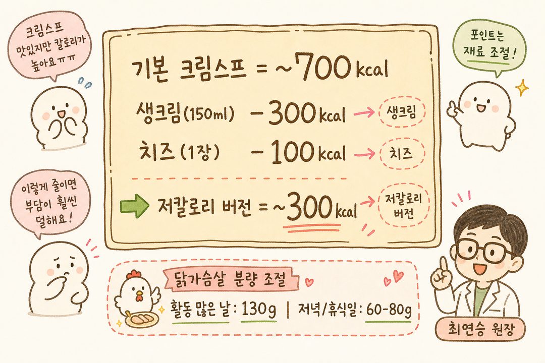 칼로리 계산 박스로 기본 크림스프와 저칼로리 버전의 칼로리 비교를 공식 형태로 표기. 생크림, 치즈 제거 시 칼로리 감소 폭을 명확히 시각화하고, 닭가슴살 분량 조절 팁을 함께 표