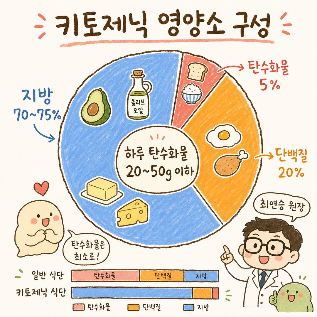 원형 차트로 키토제닉 식단의 영양소 구성 비율을 시각화. 파란색(지방)이 차트 대부분을 차지하고(70~75%), 주황색 단백질(20%), 빨간색 탄수화물(5%) 순서로 구분. 중앙