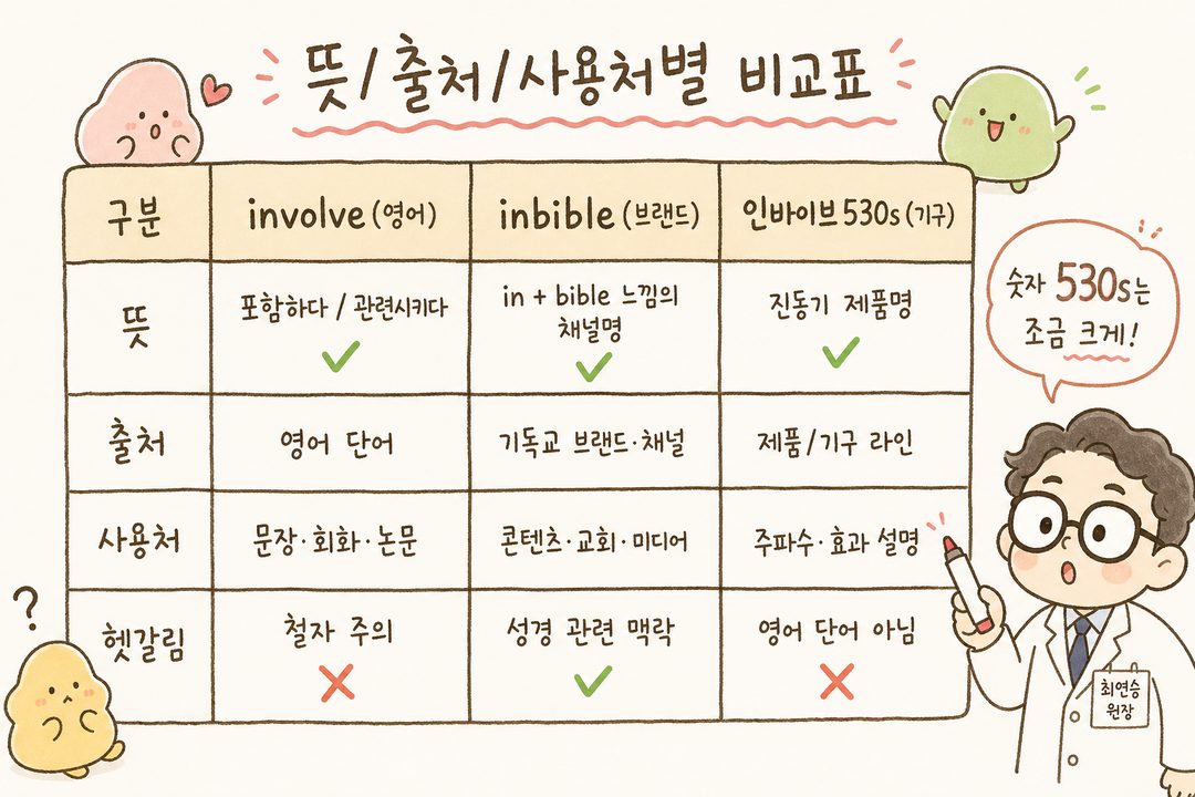 3-column comparison chart: (1)involve English word-meaning-context, (2)inbible Christian brand-channel name-meaning, (3)inbibe530s vibration device-frequency-effects. Each item clearly distinguished