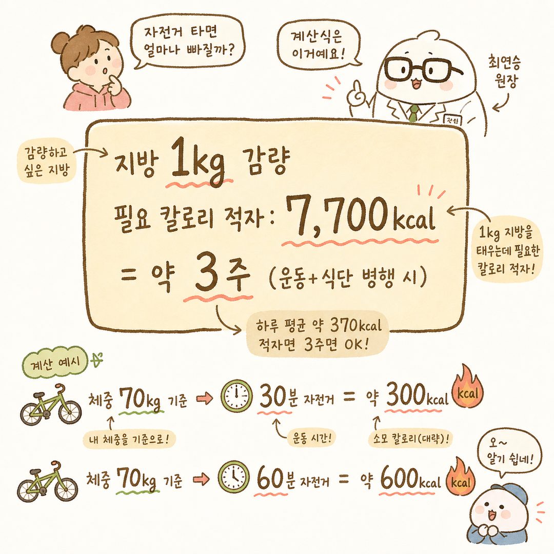 계산 공식을 큰 박스 프레임으로 강조. 상단 제목 '체중 70kg 기준', 중앙에 큰 폰트로 핵심 수치 세 줄, 하단에 작은 글씨로 지방 감량 계산식 추가. 숫자 주변에 작은 자전