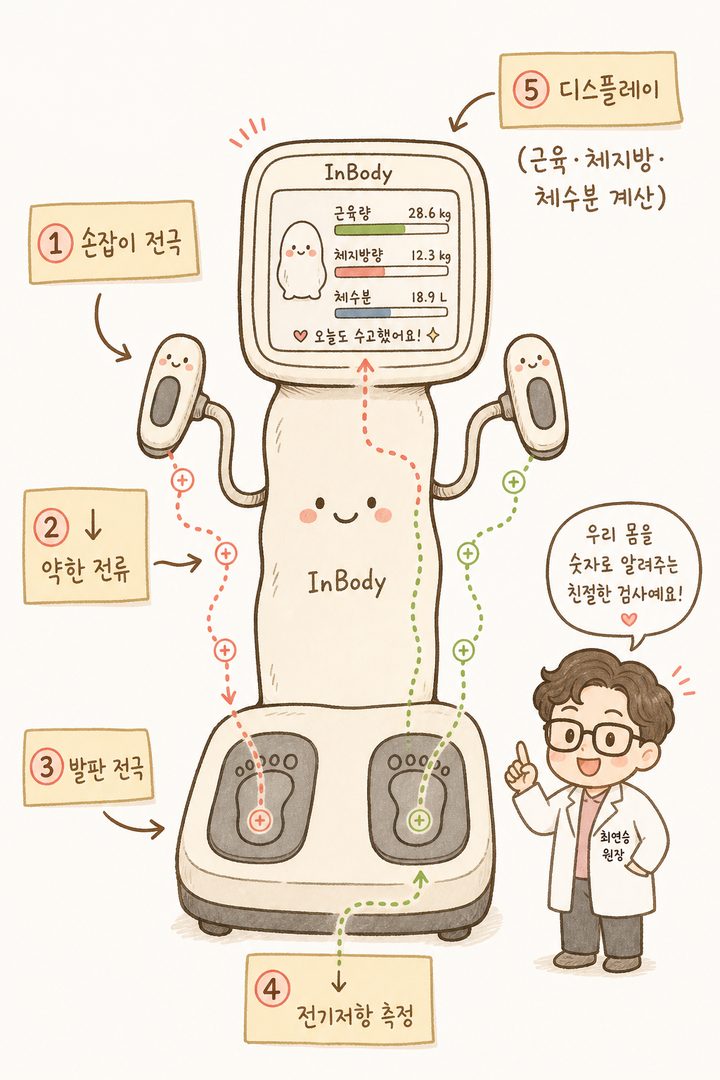 인바디 기계의 주요 부위를 화살표와 라벨로 설명하는 일러스트. 손잡이(전극), 발판(전극), 디스플레이를 가리키며 약한 전류 흐름, 전기저항 측정, 체성분 분석 결과가 어떻게 도출