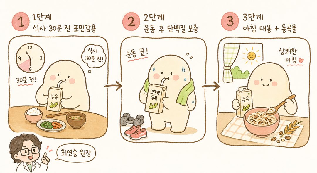 キャラクターが3つのシチュエーションを時間帯別に見せるステップイラスト。1段階(食事30分前の豆乳)、2段階(運動直後の高タンパク豆乳)、3段階(朝の豆乳+オートミール)。