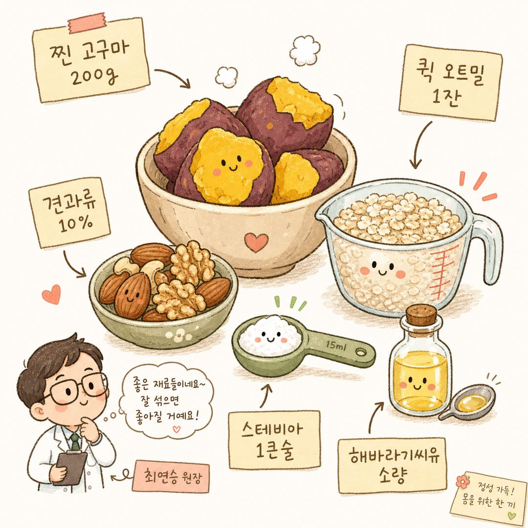 찐 고구마, 오트밀, 견과류(아몬드·호두), 스테비아/알룰로스, 해바라기씨유가 각각의 그릇이나 계량도구에 담겨 있는 모습. 각 재료 옆에 화살표와 함께 정확한 분량 라벨을 붙여 한