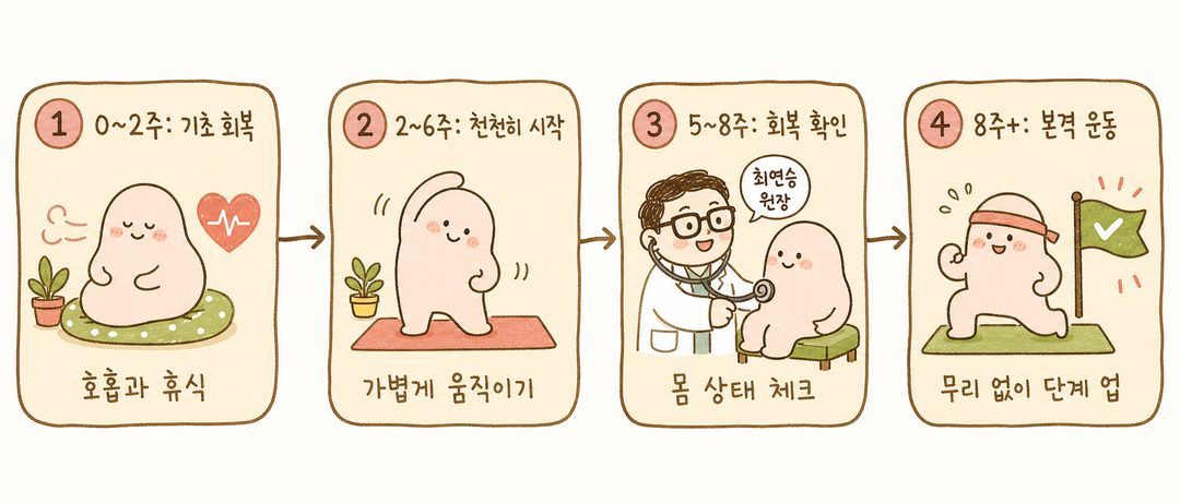 산후 운동 타임라인을 왼쪽에서 오른쪽으로 흐르는 화살표 플로우로 표현. 0-2주, 2-6주, 5-8주, 8주+ 각 단계를 색상 그래디언션과 아이콘(회복 기호, 스트레칭, 운동, 달
