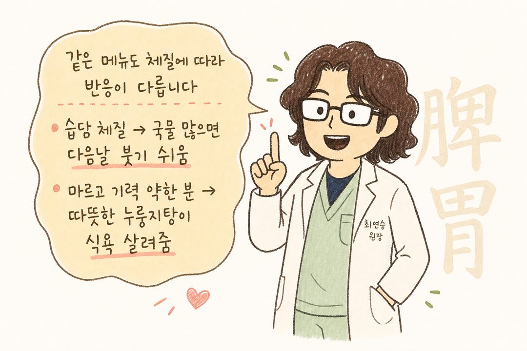 한의원 의사 캐릭터가 부드러운 표정으로 손가락 하나를 들어 설명하는 포즈. 옅은 초록색 의료복. 배경에 비위(脾胃) 한자가 희미하게. 따뜻하고 신뢰감 있는 톤으로, 체질에 따른 음