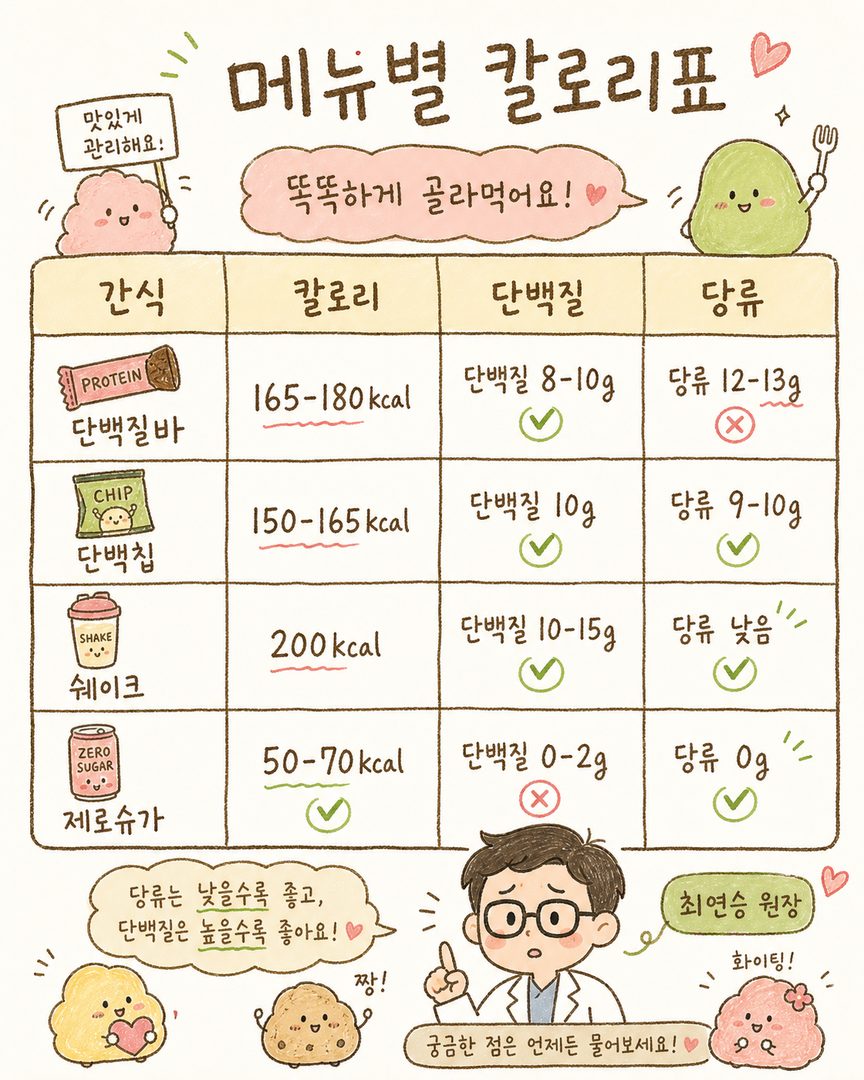 包含四種主要零食類別(蛋白質棒、蛋白質脆片、代餐奶昔、零糖系列)的比較表。每一行顯示代表性產品名稱、熱量範圍、蛋白質含量及糖分標準,讓人一目了然。