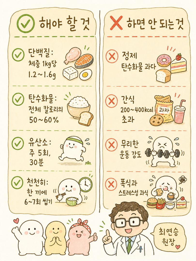 상단 ✅'해야 할 것' 영역(초록색 배경)과 하단 ✗'하면 안 되는 것' 영역(주황/빨강색 배경)으로 명확히 분리한 체크리스트. 각 항목 앞에 체크박스 또는 동그라미/엑스 아이콘.