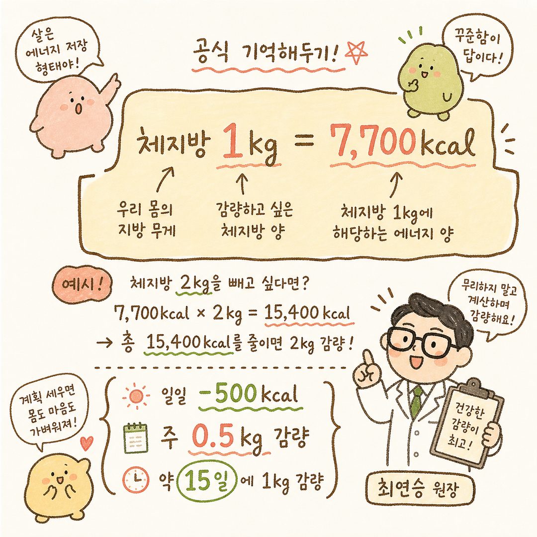 체중 감량의 수학적 원리를 정리한 공식 박스 — 칼로리와 감량 속도의 관계식을 한눈에 이해하는 계산 레이아웃