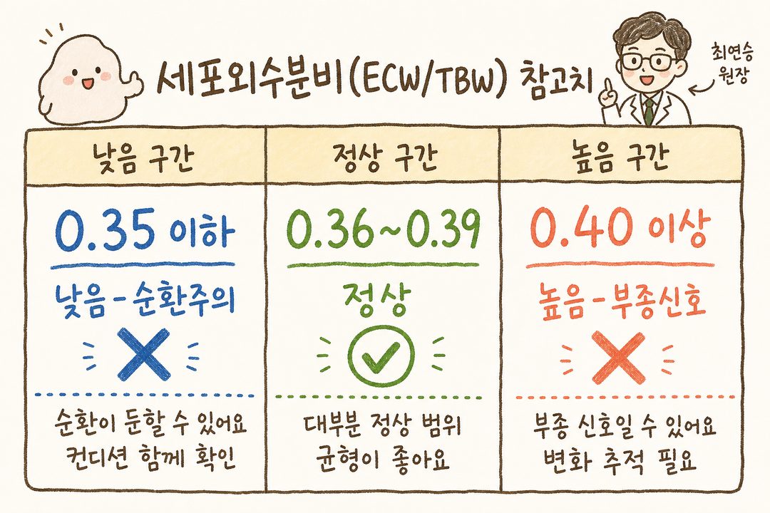 包含细胞外水分比(ECW/TBW)参考值的三列对比表。中央:“0.36~0.39(正常)”绿色,左侧:“0.35以下(偏低-注意循环)”蓝色,右侧:“0.40以上(偏高-注意浮肿)”红色