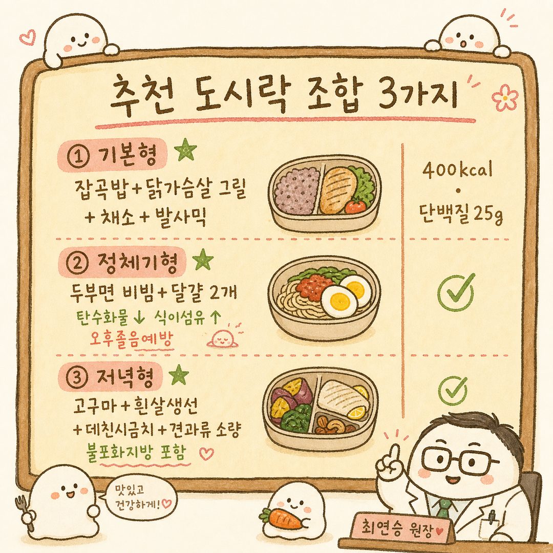식당 메뉴판 스타일의 보드에 세 가지 추천 도시락 조합을 나열, 각 조합마다 구성요소와 핵심 영양정보(칼로리, 단백질, 특징) 명시