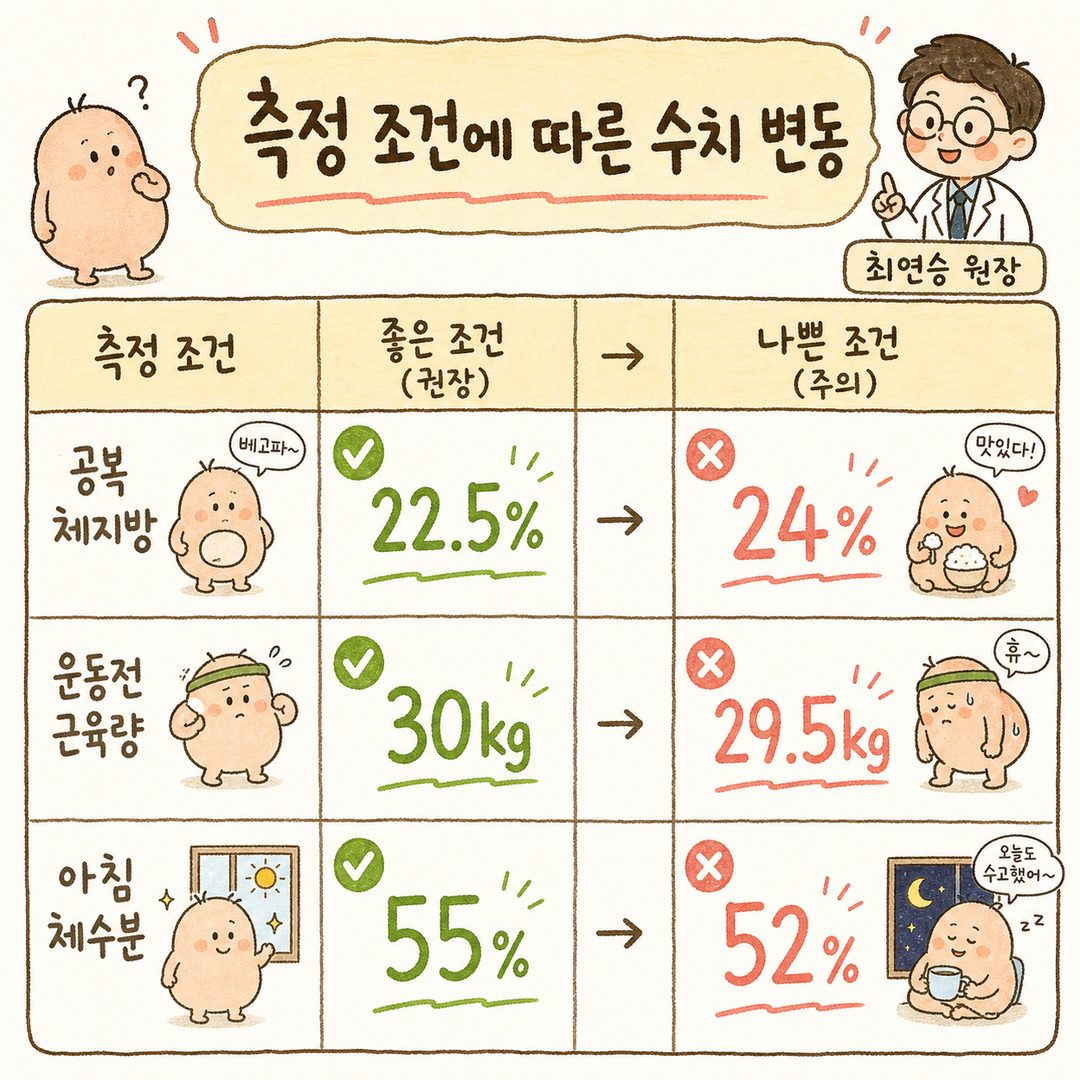 같은 사람이 다른 조건에서 측정한 결과 수치를 비교하는 표. 공복/식후, 운동전/후, 수분섭취 전/후, 아침/저녁 등 조건별로 체지방률, 근육량, 체수분이 얼마나 다르게 나오는지