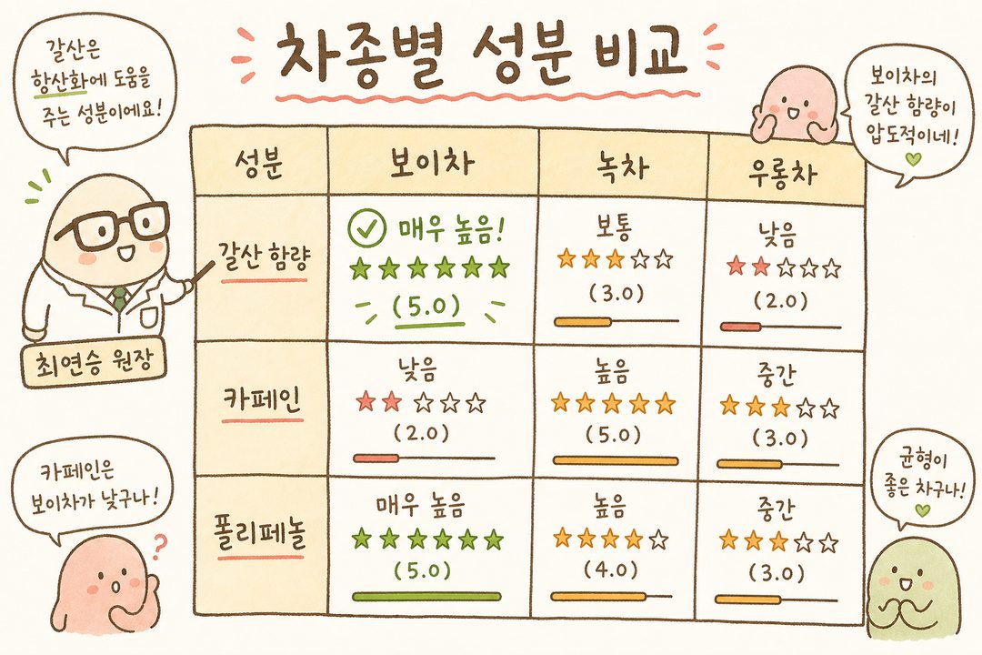 보이차·녹차·우롱차의 성분을 나란히 비교하는 테이블. 갈산 함량, 카페인, 폴리페놀 수치를 막대 또는 별 개수로 표현. 보이차의 갈산이 가장 높은 것을 강조