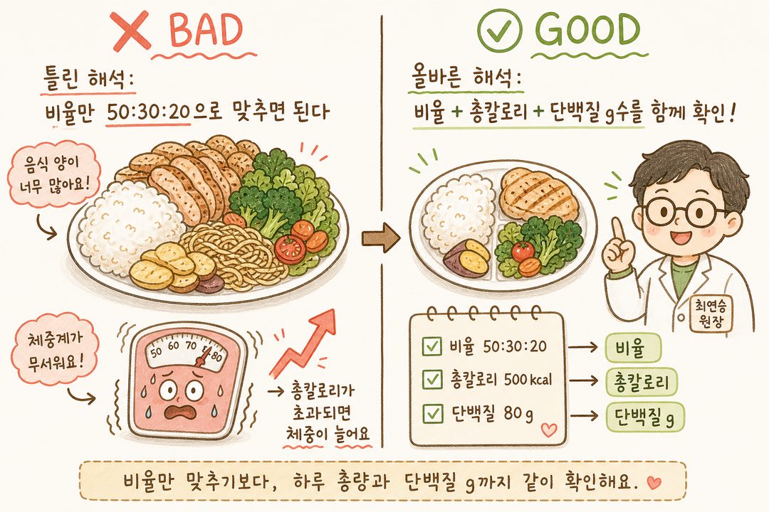 왼쪽 ❌ 틀린 해석: 비율만 맞춘 초과된 음식 이미지 + 무서워하는 체중계, 오른쪽 ✅ 올바른 해석: 비율과 칼로리를 함께 확인하는 스마트한 식단 이미지. 비교 화살표 포함