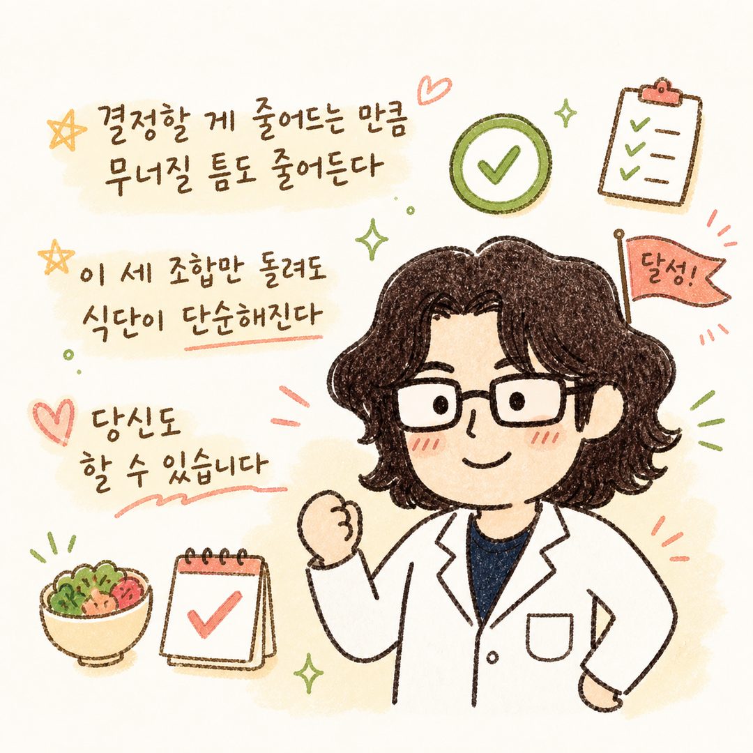 The Director character with a satisfied smile after successful diet management. Surrounded by ✅ check badges, achievement icons, and positive energy elements, suggesting readers will succeed by following this method.