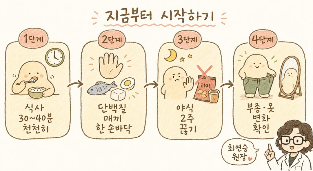 실천 포인트를 단계별 시퀀스로 보여주는 컷. 작은 캐릭터와 함께 4단계(식사 속도 늦추기 → 단백질 챙기기 → 야식 끊기 → 변화 확인)를 좌에서 우로 화살표로 연결. 각 단계마다