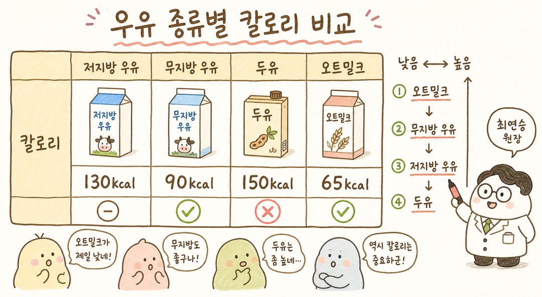 우유 종류별 칼로리를 비교하는 테이블 형식 일러스트. 가로축에 저지방 우유/무지방 우유/두유/오트밀크 4종류, 세로축에 칼로리 수치. 각 항목마다 해당 우유 패키지 아이콘 또는 색