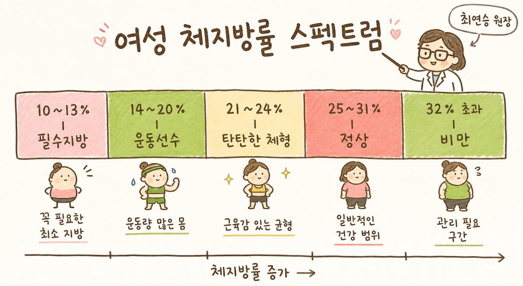 수평 스펙트럼 차트로 여성 체지방률 범위들을 시각화. 색깔 구분된 5개 섹션: 필수지방(1013%), 운동선수(1420%), 탄탄한(2124%), 정상(2531%), 비만(