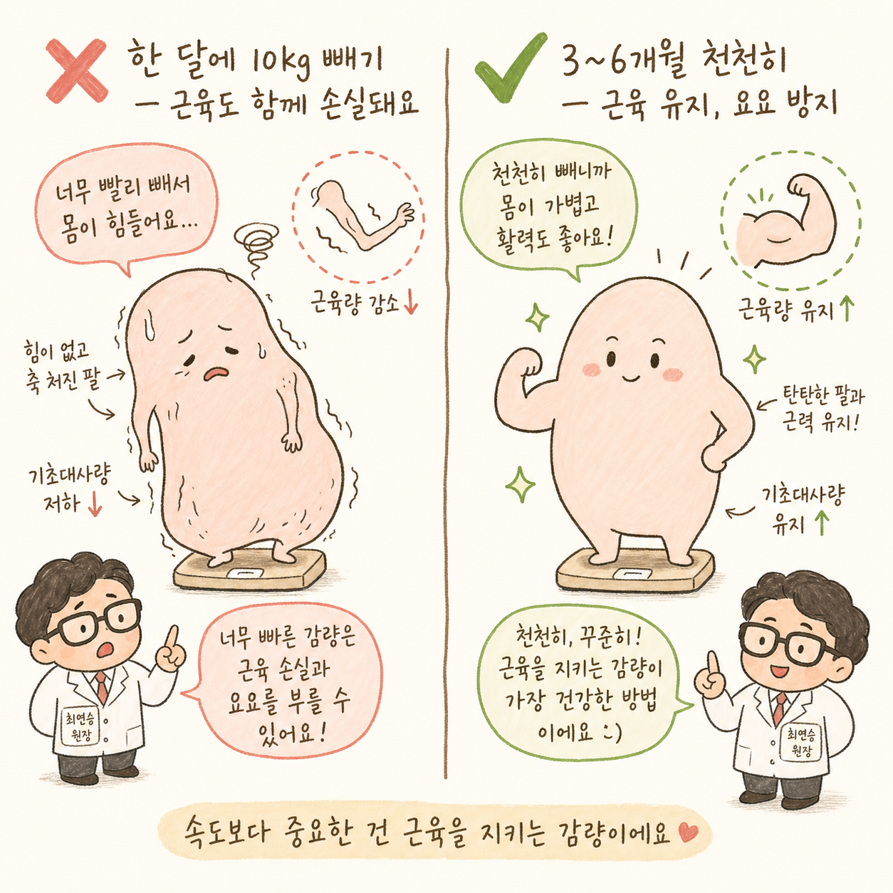 다이어트 속도에 대한 흔한 오해를 시각적으로 대비 — 왼쪽에 ❌ 표시와 빠른 속도(한 달 10kg)로 인한 근육손실 상황, 오른쪽에 ✅ 표시와 3~6개월 천천히 가면서 근육을 유지