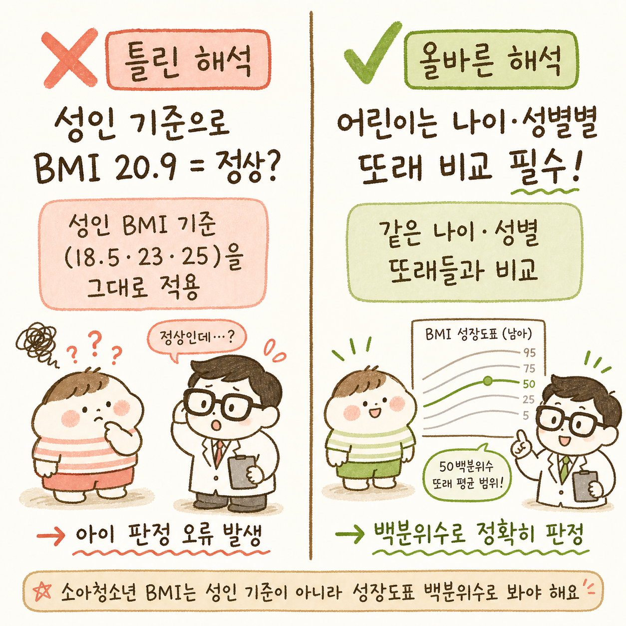 좌측(❌)과 우측(✅)으로 나뉜 구성. 좌측에는 '성인 기준으로 BMI 20.9 = 정상?' 이라는 오류 해석, 우측에는 '어린이는 나이·성별별 또래 비교 필수!' 라는 올바른 해