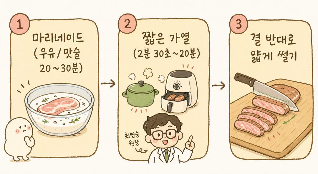 식감을 살리는 세 가지 원칙을 좌에서 우로 연결한 순서도. (1단계) 마리네이드 재우기 - 우유나 맛술에 담그는 모습, (2단계) 짧은 가열 - 냄비와 에어프라이어 조리, (3단계