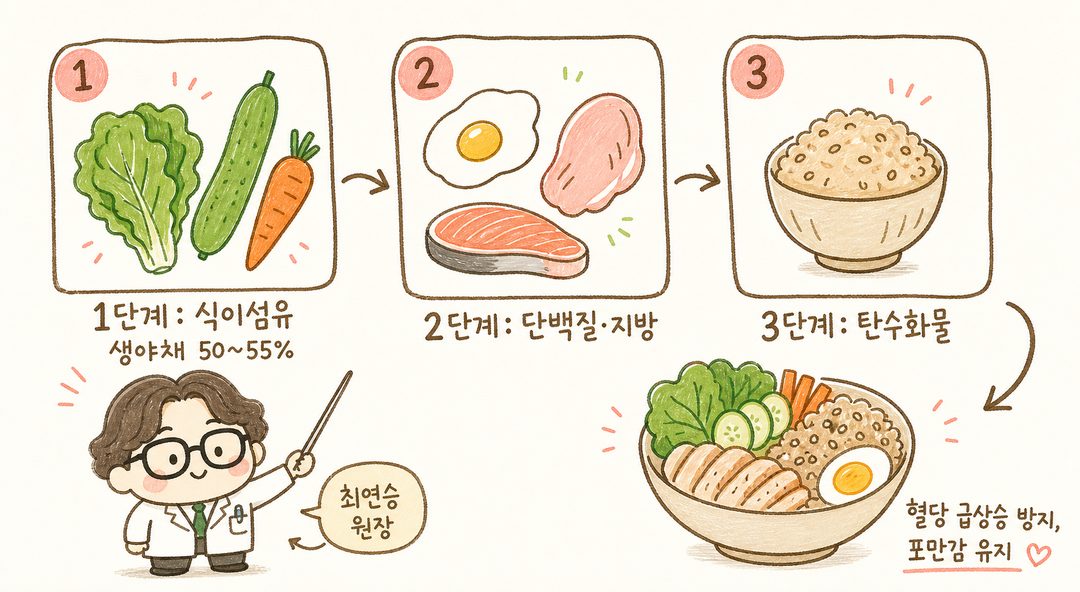 식사 순서를 4단계 화살표 플로우로 표현. 1단계(생야채 아이콘)→2단계(계란·고기 아이콘)→3단계(현미밥 아이콘)→4단계(완성 그릇) 순서대로, 각 단계 아래에 한글 텍스트 라벨