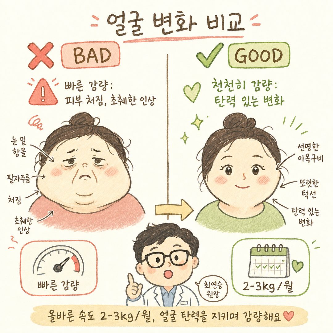 Thể hiện sự thay đổi khuôn mặt trước và sau khi giảm cân theo dạng đối chiếu Before/After. Bên trái (Before) là đường nét khuôn mặt tròn, mỡ má, nọng cằm; bên phải (After) là đường xương hàm rõ rệt, các đường nét sắc sảo