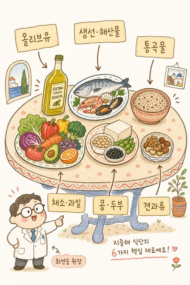 Snifflenug 스타일 사물 라벨컷 — 중앙에 지중해 식탁, 주변에 화살표로 6가지 핵심 식재료를 명확히 지목하고 라벨링. 올리브유(황금 병), 신선 생선, 현미밥, 생야채,