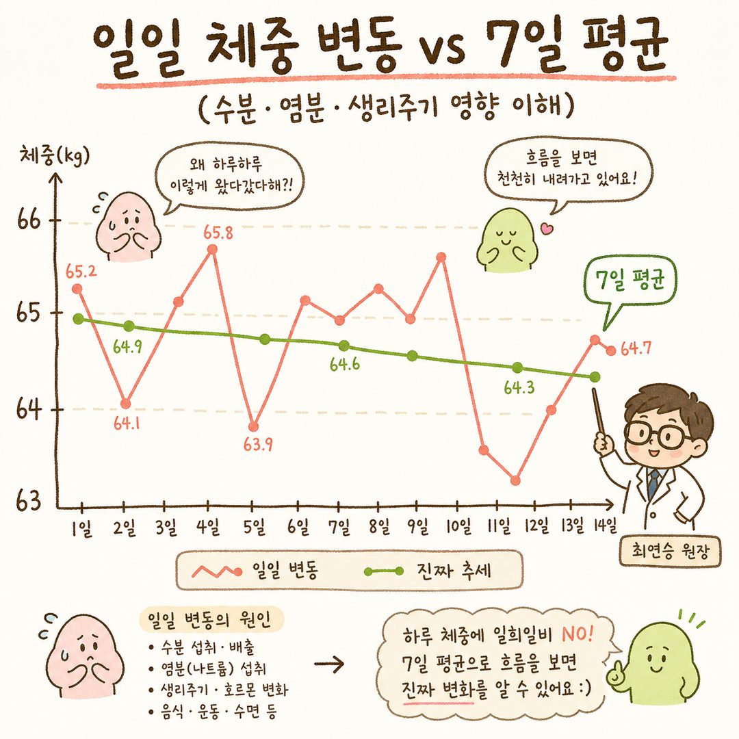 일일 체중 변동(꺾은선)과 7일 이동평균(부드러운 곡선)을 함께 표현한 그래프 차트. 생리주기, 수분, 염분 등으로 인한 일일 변동(±1~2kg)과 진정한 추세선의 차이를 시각적으